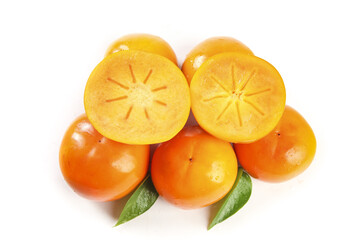 Fresh Persimmon Fruit with Cross Section Slices on White Background