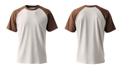 Front and back view of a plain, short-sleeved t-shirt with contrasting raglan sleeves.  The shirt is white with a muted brown raglan sleeve design.  Blank template for apparel design