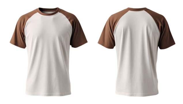Front and back view of a plain, short-sleeved t-shirt with contrasting raglan sleeves.  The shirt is white with a muted brown raglan sleeve design.  Blank template for apparel design