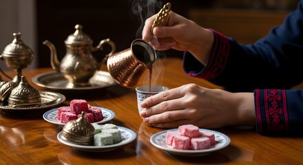 Hands Pouring Traditional Turkish Coffee with Delights