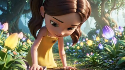 An animated young person in a yellow dress kneels planting glowing objects in rich soil Colorful luminous tulip-like flowers and large trees fill the fantastical garden - Powered by Adobe