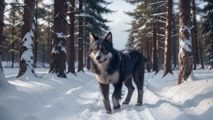 Fototapeta premium A majestic, dark-coated canine strides confidently through a snowy forest pathway, showcasing a striking winter scene.