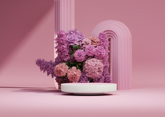 3D podium display, blue pink background with hydrangeas flower and vintage frame. Peonies flower, rose, tulip leaf. Minimal pedestal for beauty, product. Feminine copy space template 3d render