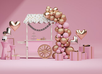 Luxury Birthday Party Decoration with Golden Pink Balloons, Gifts and Wooden Cart on Beige Background