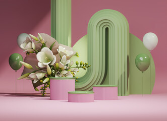 3D podium display, blue pink background with hydrangeas flower and vintage frame. Peonies flower, rose, tulip leaf. Minimal pedestal for beauty, product. Feminine copy space template 3d render