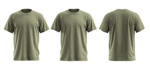 Three views of a light olive green t-shirt