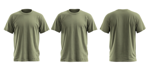 Three views of a light olive green t-shirt