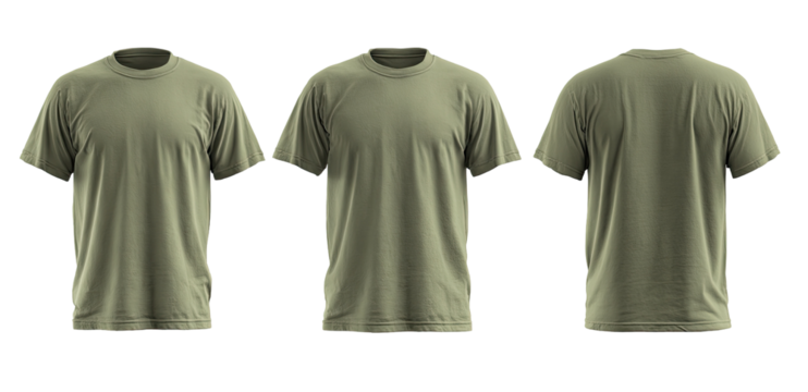 Three views of a light olive green t-shirt