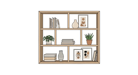 Stylized bookshelf arrangement with plants, art, and books depiction