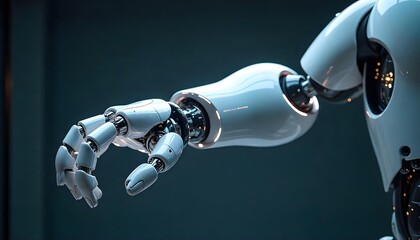 Futuristic robotic arm with glowing joints and circuit patterns, dark tech background with light trails.