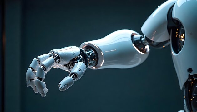 Futuristic robotic arm with glowing joints and circuit patterns, dark tech background with light trails.