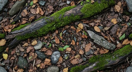 Obraz premium Mossy Log on Ground with Autumn Leaves and Stones