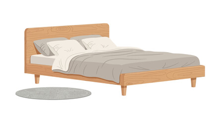 Comfortable wooden bed with pillows and round rug for bedroom interior