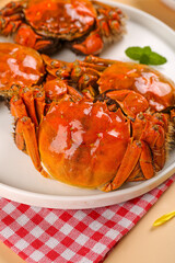 Delicious steamed hairy crabs closeup display on white plate with mint garnish