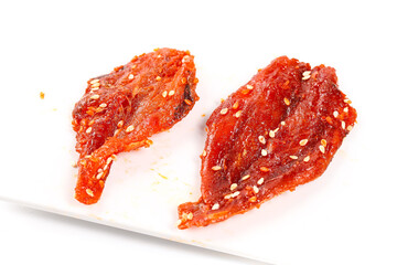 Dried Croaker Fish with Honey Sauce - Sweet Glazed Seafood Snacks on White Background
