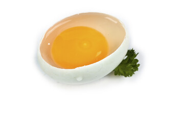 Fresh Duck Egg Cracked Open with Bright Orange Yolk on White Background