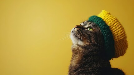 Cat with Green and Yellow Hat Against Bright Yellow Background
