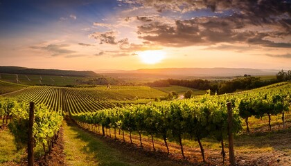 Naklejka premium A Stunning Sunset Illuminates A Sprawling Vineyard With Rows Of Lush Green Grapevines Stretching Towards The Horizon In This Picturesque Landscape