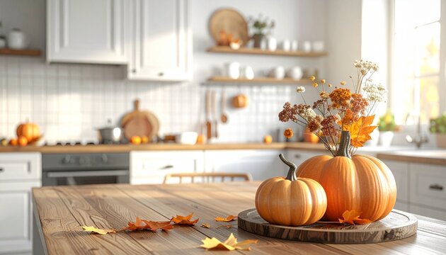 Autumnal kitchen scene with pumpkins on wooden table. Decorated with dried flowers, fall leaves. Warm, inviting interior setting. Ample copy space for product placement. Perfect for fall products