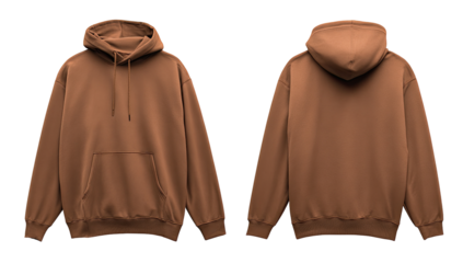Front and back view of a plain, muted terracotta-colored hoodie