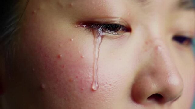 Close-up of a sorrowful Asian eye shedding a single tear, a poignant depiction of quiet pain and emotional vulnerability