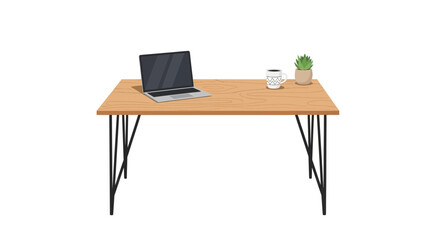 Minimalist workspace setup with laptop, coffee, and plant on a wood desk