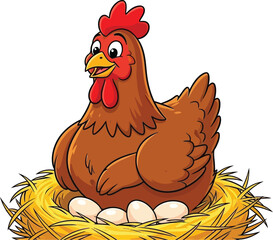 Adorable cartoon hen sitting on nest with eggs is perfect for children's books and farm themes