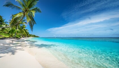 A Serene Tropical Beach With Palm Trees Lining The Shore And Crystal Clear Turquoise Water Lapping Gently
