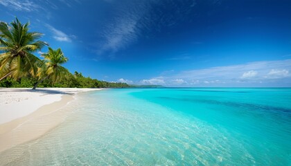 Fototapeta premium A Serene Beach With Crystal Clear Turquoise Waters Gently Lapping At The White Sand A Few Scattered Palm Trees Provide Shade And The Horizon Stretches Endlessly Under A Bright Blue Sky