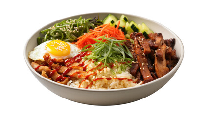 Fototapeta premium Delicious Korean bibimbap rice bowl with vegetables grilled meat and fried egg isolated on white background