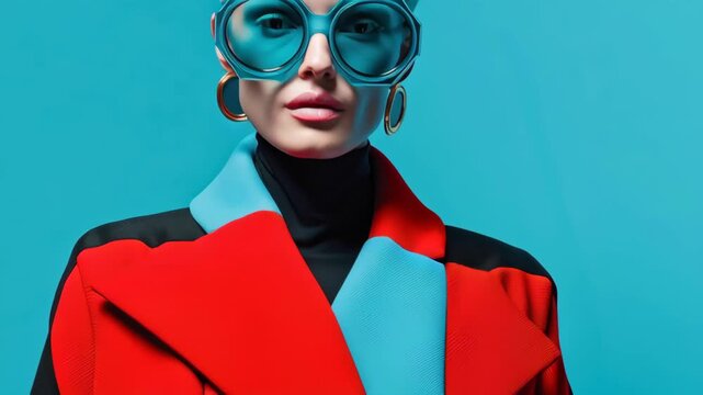 Woman Fashion Modern Bold Blue Red Glasses Short Hair Confident Stylish Contemporary Chic Trendy Glamour Elegance Large Earrings