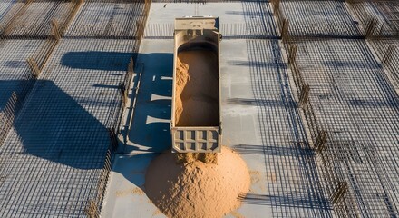 High angle view of a dump truck unloading a pile of light brown granular material onto a flat surface. The scene is brightly lit, with the truck casting a distinct shadow