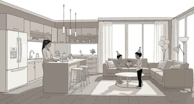 Joyful birthday surprise as children exchange gift in a bright, modern living room setting - Powered by Adobe