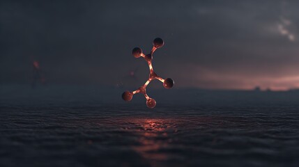 A single, complex, glowing molecule emerges from a dark, primordial aqueous solution, symbolizing the spark of life.