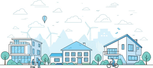 Modern eco-friendly neighborhood with wind turbines, houses, and people enjoying a healthy lifestyle