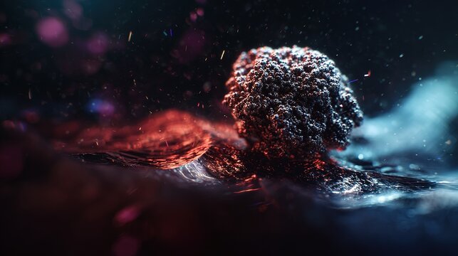 A single, complex, glowing molecule emerges from a dark, primordial aqueous solution, symbolizing the spark of life.