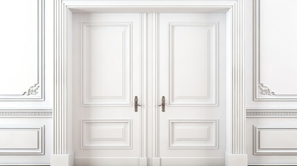 Elegant white double doors with classic decorative molding and metal handles isolated on white background