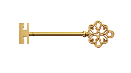 Golden vintage ornate key with decorative handle and metallic shine isolated on white background
