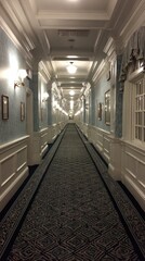 Obraz premium A long, elegant hallway with light fixtures and decorative carpeting extends into the distance.