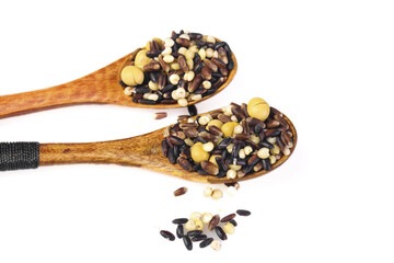 Mixed Grains Beans Cereals Wooden Spoons Healthy Nutrition Ingredients White Background