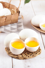 Fresh Farm Eggs with Golden Yolks on Rustic Wicker Basket - Organic Free Range Produce