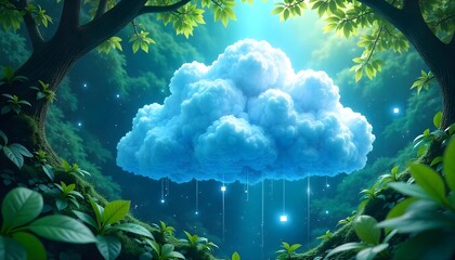 Abstract cloud computing concept with floating data cubes and network connections, bright blue and white color scheme