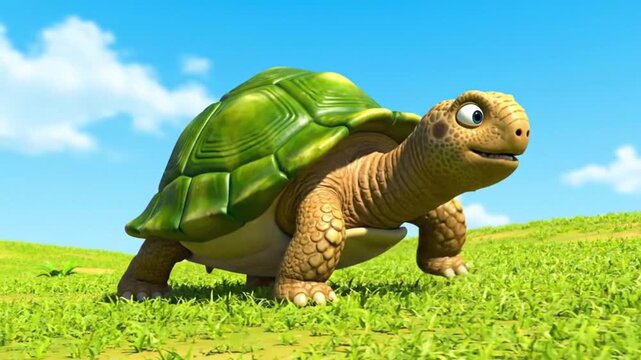 A cartoon tortoise with a green shell walks across a grassy field under a blue sky with fluffy white clouds
