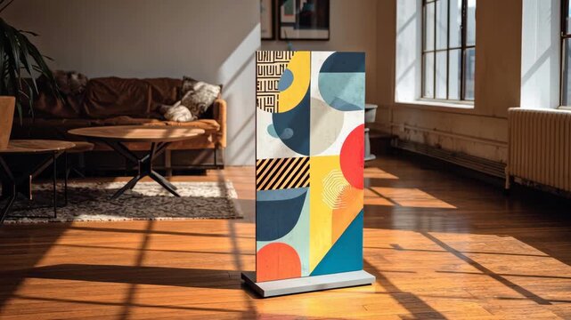 Modern abstract art panel with geometric colorful pattern, sunlight wooden floor, cozy living room, contemporary creative stylish decor