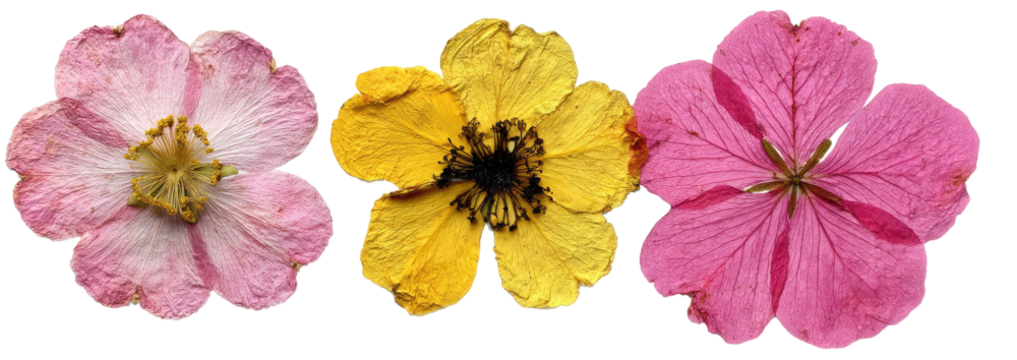 Three dried flowers in pink, yellow, and magenta, outlined