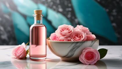 A Close Up Of A Bottle Of Rose Oil With Roses In A Bowl On A Marble Surface In Soft Lighting