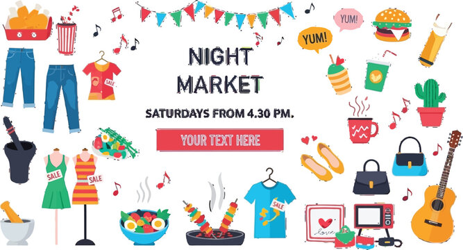 Vibrant night market scene with food, fashion, music, and shopping essentials creating festive atmosphere