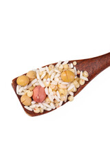 Mixed Grains Beans Cereals Wooden Spoon Healthy Organic Food Ingredients Rice Soybeans Peanuts Legumes White Background