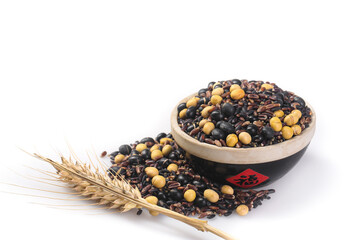 Mixed Black Beans Soybeans and Grains in Wooden Bowl with Wheat Stalks Healthy Cooking Ingredients
