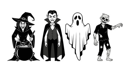 Halloween characters vector illustration witch vampire ghost and zombie